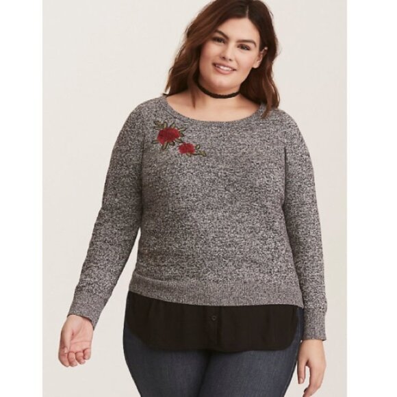 Torrid Long Sleeve Chiffon Trim Gray Sweater with Red Floral Embroidery Women 1 - Picture 1 of 9